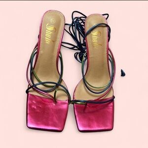 SHEIN Metallic Hot Pink Square-Toe Lace-Up Heels with Multicolor Straps